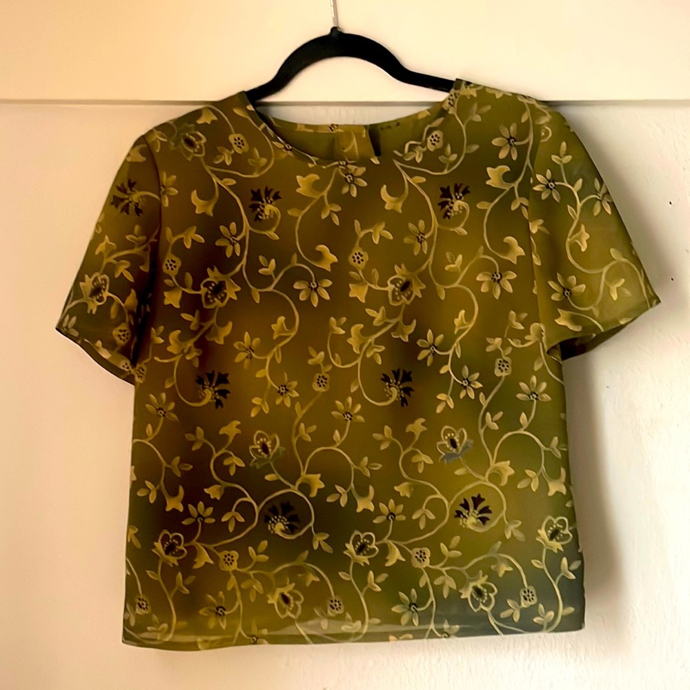 Vintage short sleeve button back green floral blouse by Plaza South-polyester